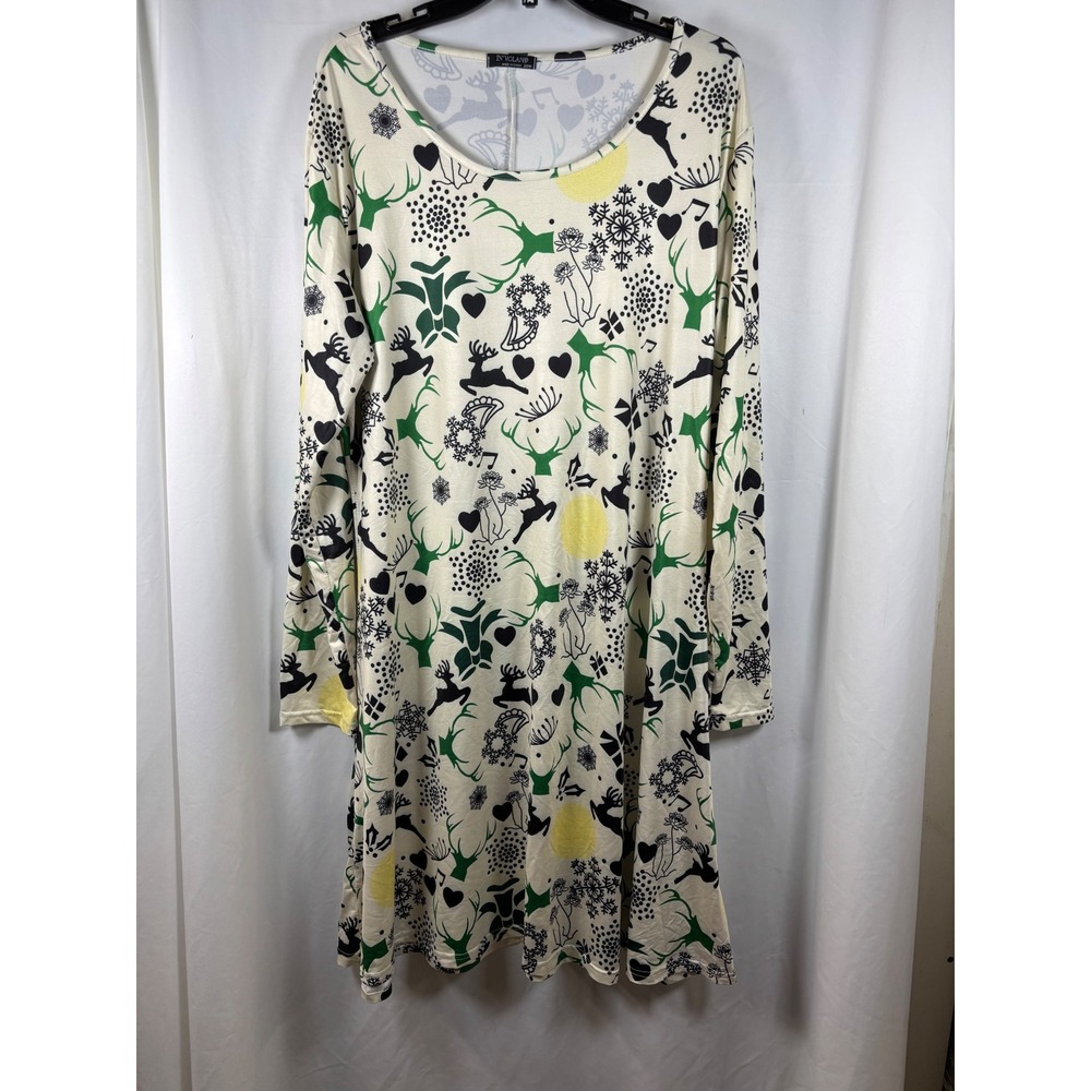 In'Voland Womens Plus 20W Holiday Reindeer Snowflake‎ Scoop Neck Tunic Dress